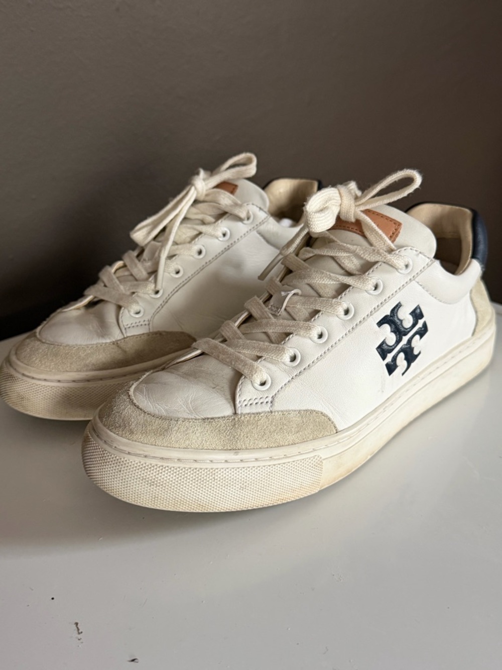 Tory Burch Cream and Navy Leather and Suede Low-Top Sneakers